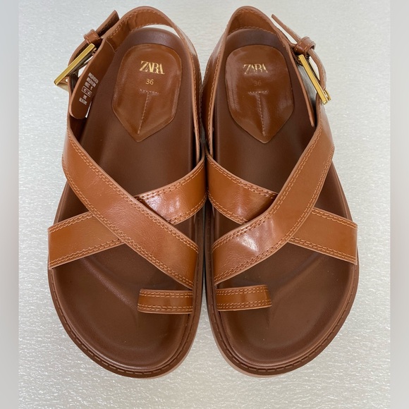 Zara Brown Women's Faux Leather Flat Strappy Sandals Size 36 US 6 - Picture 8 of 13